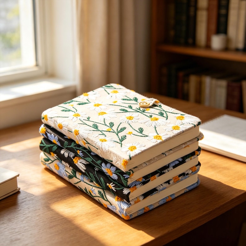 May include: A stack of four notebooks with embroidered floral designs. The top notebook has a beige cover with white daisies and yellow centers. The other notebooks have black, blue, and beige covers with floral patterns. A wooden button secures the top notebook.