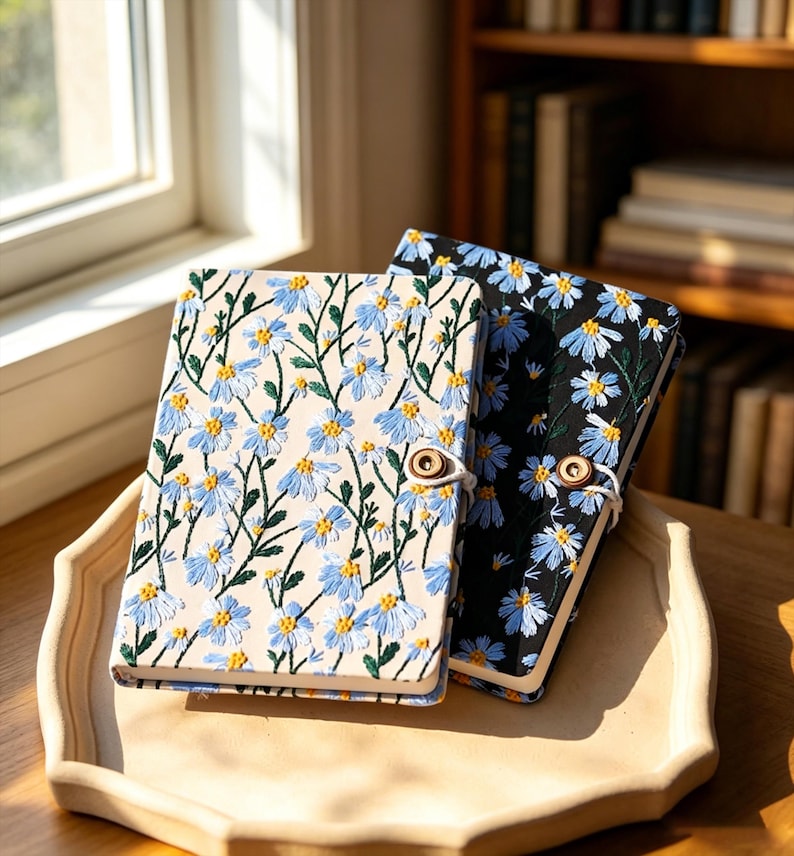 May include: Two notebooks with floral embroidery. One notebook has a cream-colored cover with blue and yellow flowers, and the other has a black cover with blue and yellow flowers. Both notebooks have a wooden button closure.