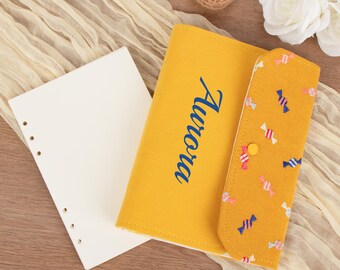 A5 navulbaar notitieboekje snoepborduurwerk, gele stoffen kaft, gepersonaliseerd dagboek, schattig schetsboek en plakboekplanner, leuk briefpapiercadeau