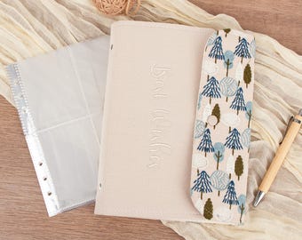 A5 boom- en bladborduurwerk navulbaar notitieboek, beige stoffen kaft, gepersonaliseerd dagboek, Cottagecore Forest-esthetiek, plakboekcadeau