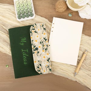 May include: A green notebook embroidered with "My Ideas", a floral pen case, and a white calculator with green buttons on a wooden surface. A blank paper and a pen are also present, along with decorative elements.