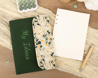 Gepersonaliseerde madeliefje geborduurd notitieboek, aangepaste naam bloemendagboek, navulbare plakboekmap, A5-planner, terug-naar-schoolcadeau, afstudeercadeau