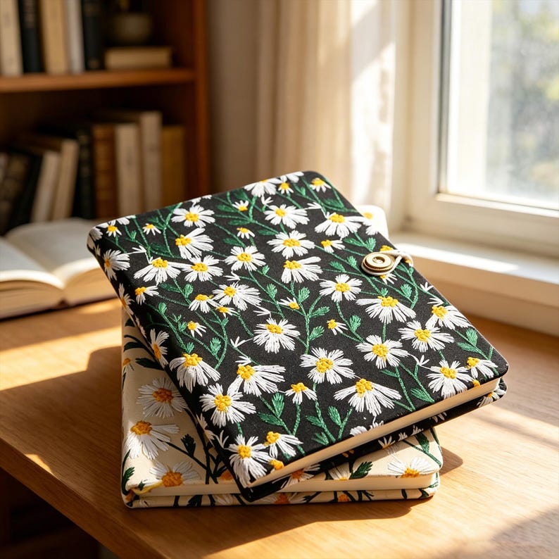 May include: Two notebooks stacked on a wooden surface. The top notebook has a black cover with a white daisy pattern and a gold clasp. The bottom notebook has a beige cover with a daisy pattern. The notebooks are near a window and a bookshelf.