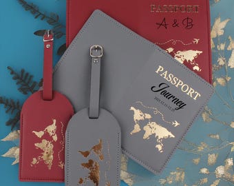 Kerst gepersonaliseerde paspoorthoes en bagagelabel, op maat gegraveerd reiscadeau, PU-lederen set voor koppels, romantisch reiscadeau