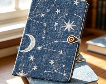 Embroidered Star Moon Notebook Handmade Fabric Journal with Coconut Shell Closure Celestial A5 A6 Diary Aesthetic Writing Gift