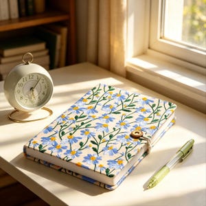 May include: A floral-patterned journal with blue daisy-like flowers and green stems, secured with a button and string closure. A small, round, cream-colored clock and a green pen are also on the table. The journal is approximately 8 inches long.