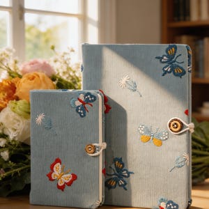 May include: Two light blue journals with embroidered butterfly and floral designs. The journals have a button closure with a cream-colored cord. The butterflies are in shades of red, yellow, and blue. The background includes a bouquet of flowers.