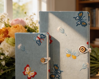 Butterfly Embroidered Fabric Notebook A5 A6 Lined Journal Coconut Button Closure Graduation Gift Back to School Student Diary Cute Notebook