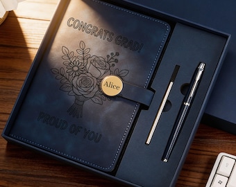 Afstudeercadeau Gepersonaliseerde A5-notitieboekje van PU-leer, aangepaste gegraveerde journaalcadeauset met pen thermische kolf magnetische sluiting cadeau voor hem