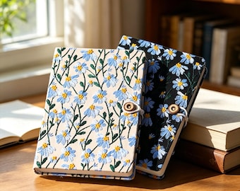 Embroidered Daisy Notebook Handmade Lined Journal A5 A6 Fabric Cover Coconut Button Floral Notebook Gift for Women Students Writers