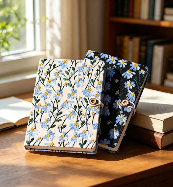 Embroidered Daisy Notebook Handmade Lined Journal A5 A6 Fabric Cover Coconut Button Floral Notebook Gift for Women Students Writers