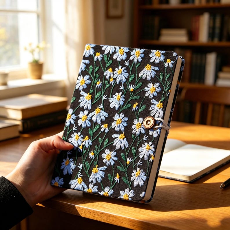May include: A black journal with a floral daisy embroidery design. The cover features white and yellow daisies with green stems. The journal is closed with a button and a light brown elastic band.
