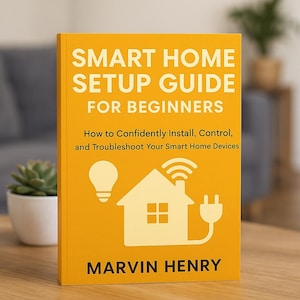 Könnte beinhalten: Ein gelbes Hardcover-Buch mit dem Titel "SMART HOME SETUP GUIDE FOR BEGINNERS" von Marvin Henry. Das Cover zeigt weißen Text und Illustrationen einer Glühbirne, eines Hauses mit WLAN-Signal und eines Steckers. Das Buch liegt auf einer Holzoberfläche.