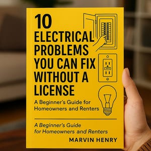 以下が含まれることがあります： 「10 Electrical Problems You Can Fix Without a License」というタイトルの黄色い本。表紙には、電気パネル、コンセント、電球のイラストが描かれています。この本は、住宅所有者と賃借人のための初心者向けガイドです。