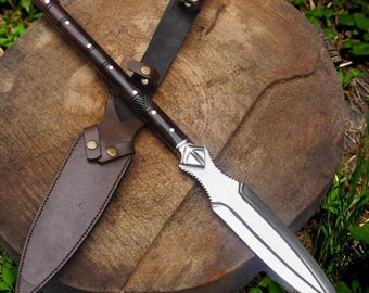 Lanza de acero al carbono de inspiración vikinga, hecha a mano - Longitud total de 89 cm / Mango decorativo de palisandro / Réplica histórica única