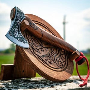 May include: A handcrafted wooden axe with a decorative wolf carving on the blade and handle. The axe is displayed on a wooden stand with a matching wolf carving. A red cord is attached to the handle. The axe blade is silver.