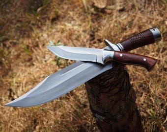Handmade Bowie Knife Set: High Carbon Steel Blade, Rosewood Handle & Leather Sheath