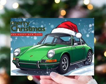 Tarjeta navideña del Porsche 911 / Felicitación navideña de lujo verde (Descarga digital)