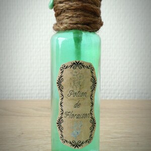 Peut inclure: Petite bouteille en verre transparente remplie de liquide vert. Elle est scellée avec de la corde marron et de la cire verte. L'étiquette indique "Potion de Floraison".