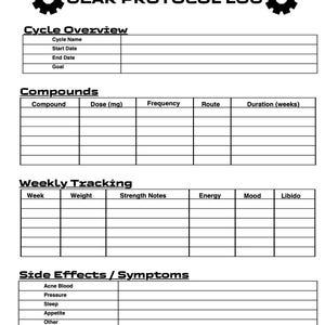 Puede incluir: Un registro de protocolo de engranajes en blanco y negro. El registro incluye secciones para la descripción general del ciclo, los compuestos, el seguimiento semanal y los efectos secundarios/síntomas. La parte superior del registro presenta el texto "GEAR PROTOCOL LOG".