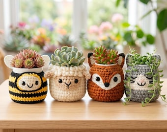 Funda de ganchillo para maceta, funda para taza y planta en maceta con cara de animal, soporte para plantas de ganchillo hecho a mano, decoración de jardín interior, regalo de inauguración de casa