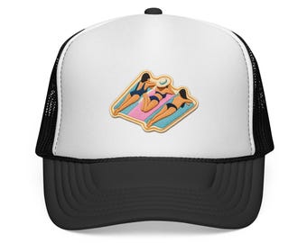 Gorra de camionero con tres mujeres en flotadores / Parche retro para tomar el sol en la piscina