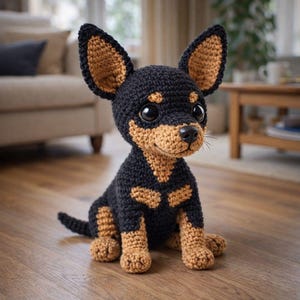 May include: A handmade crochet dog in black and tan. The dog has large, upright ears, a smiling expression, and big, round eyes. The dog is sitting on a wooden floor.