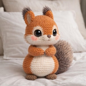 May include: A crocheted squirrel toy in shades of orange, cream, and brown. The squirrel has large black eyes, pink cheeks, and a fluffy tail. The toy is posed with its paws together, giving it a cute and whimsical look. The toy is made with soft yarn.