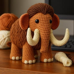 Puede incluir: Un juguete de mamut tejido a mano en tonos marrón, crema y beige. El mamut lanudo tiene grandes colmillos, orejas y una melena desgreñada. Se ven ovillos de lana en el fondo, lo que sugiere un proyecto de artesanía.