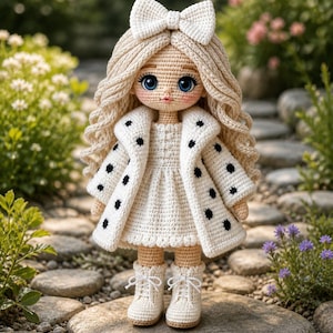 May include: A handcrafted crochet doll with long blonde hair, blue eyes, and a white bow. The doll is dressed in a white dress and a coat with black polka dots, and white boots. The doll stands on a stone path amidst greenery.