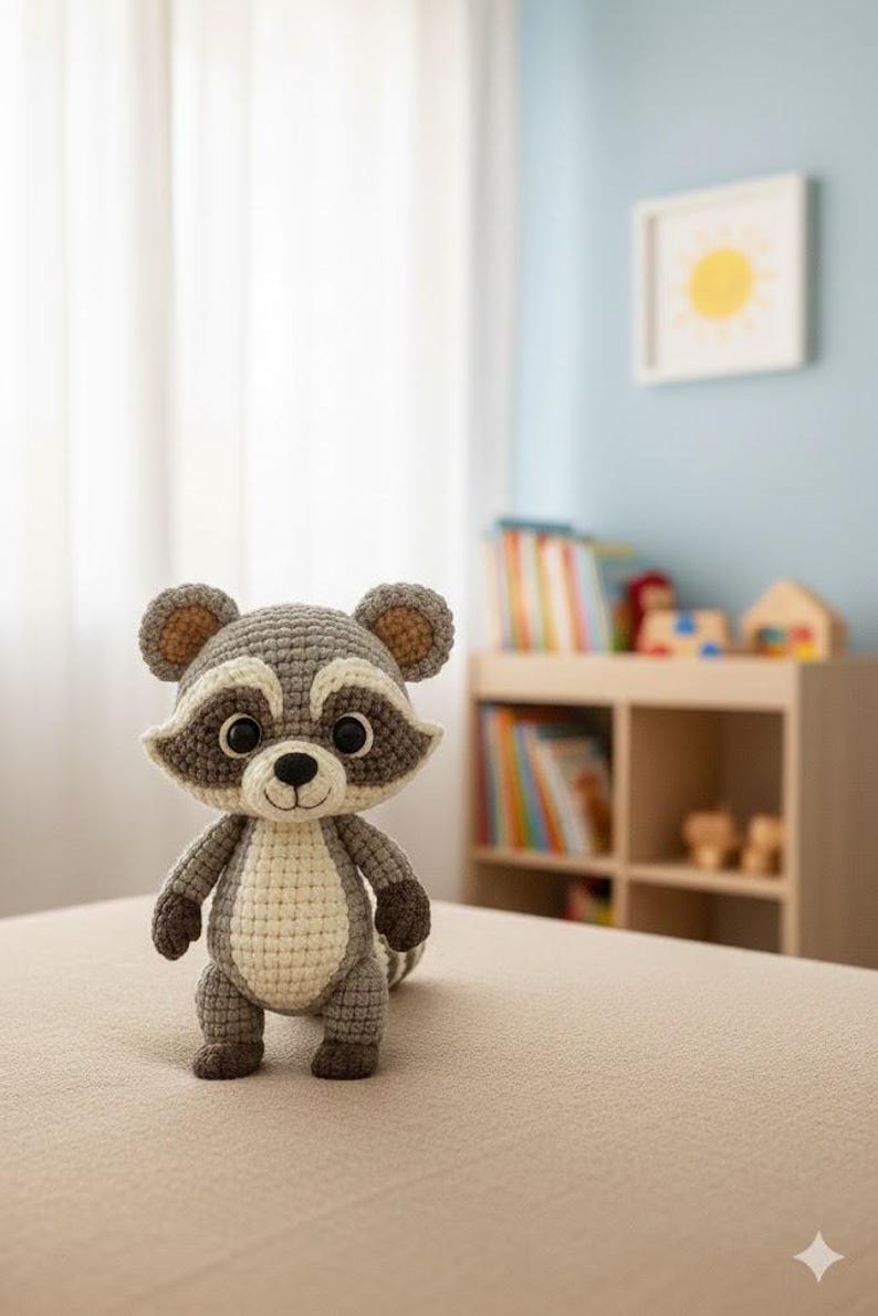 Pu&ograve; includere: Un giocattolo a forma di procione all'uncinetto, con corpo grigio e bianco, dettagli marroni e grandi occhi neri. Il peluche &egrave; appoggiato su una superficie beige, con un muro azzurro chiaro e un'illustrazione di sole incorniciata sullo sfondo.