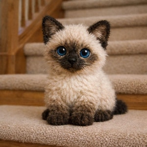 Puede incluir: Un gatito siamés de peluche con brillantes ojos azules está sentado en una escalera alfombrada. El gatito tiene un cuerpo de color canela claro, patas, orejas y marcas faciales de color marrón oscuro. La textura suave del gatito es visible.