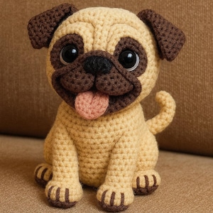 May include: A crocheted pug dog toy in tan and brown. The pug has brown ears, snout, and paws, with large black eyes and a pink tongue. It is sitting on a brown surface. A charming handmade item.