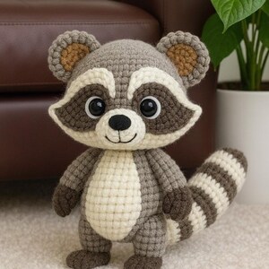 Pu&ograve; includere: Un peluche di procione fatto a mano all'uncinetto. Il procione ha un corpo grigio e bianco con una coda a strisce, dettagli marrone scuro e grandi occhi espressivi. &Egrave; appoggiato su una superficie chiara. Misura circa 25 cm di altezza.