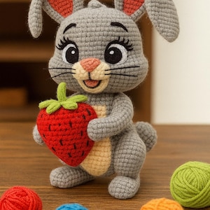 Può includere: Una bambola di coniglio all'uncinetto fatta a mano in grigio, che tiene in mano una fragola rossa. Il coniglio ha l'interno delle orecchie rosa, occhi neri e un naso color pesca. Palline di filo colorate in rosso, blu, verde e arancione.