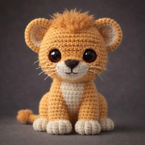 May include: A crocheted lion cub toy in shades of tan, cream, and brown. The handmade plush animal has large, dark eyes, a white muzzle, and a small, fluffy mane. The lion cub is sitting upright, with its paws and tail visible.