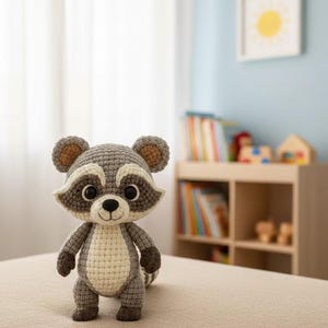 Pu&ograve; includere: Un giocattolo a forma di procione all'uncinetto, con corpo grigio e bianco, dettagli marroni e grandi occhi neri. Il peluche &egrave; appoggiato su una superficie beige, con un muro azzurro chiaro e un'illustrazione di sole incorniciata sullo sfondo.