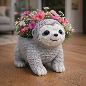Puede incluir: Un macetero de perezoso tejido a ganchillo en gris claro, con un arreglo floral de flores rosas y blancas. El perezoso tiene una cara sonriente y está diseñado para contener plantas, añadiendo un toque caprichoso a la decoración del hogar.