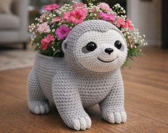 Crochet Sloth Planter Pattern, Amigurumi Animal Pot Holder (Digital Download)