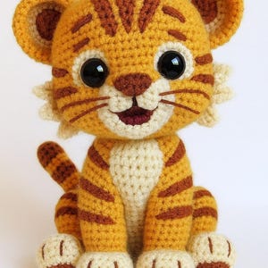 May include: A crocheted tiger cub with orange and brown stripes, large black eyes, and a cream-colored belly and paws. The handmade plush toy has a smiling expression and is sitting upright, showcasing its detailed craftsmanship.