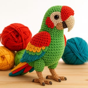 Puede incluir: Un loro de ganchillo hecho a mano en verde, rojo, amarillo y azul. El ave tiene un pico y patas color beige, con una cabeza roja y detalles. Ovillos de lana coloridos en rojo, amarillo, verde y turquesa en el fondo. Un artículo decorativo caprichoso.