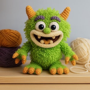 Puede incluir: Un peluche de monstruo verde hecho a mano con cuernos, pies y manos naranjas. El monstruo tiene una boca grande y sonriente con dientes, ojos negros y cejas moradas. El peluche está hecho de hilo suave y texturizado.