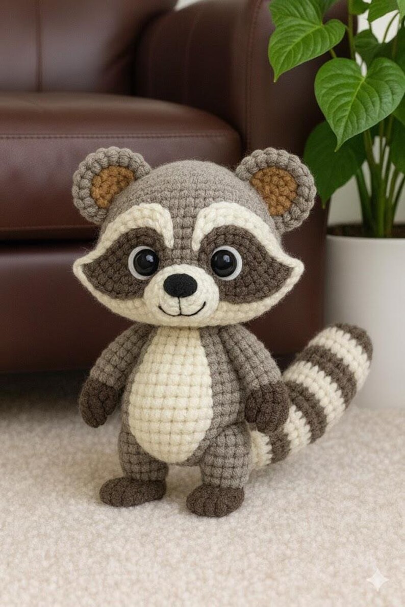 Pu&ograve; includere: Un peluche di procione all'uncinetto, nei toni del grigio, marrone e crema. Il procione ha una maschera distintiva, una coda a strisce e una faccia sorridente. Il giocattolo &egrave; appoggiato su una superficie chiara, con un divano marrone e una pianta sullo sfondo.