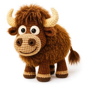 May include: A handmade crochet bull with a friendly expression. The plush toy features a shaggy brown body, light brown horns, and a smiling face with large black eyes. The bull has a small tail and is standing on four legs.