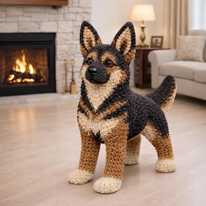 Puede incluir: Escultura de perro hecha a ganchillo, con la forma de un pastor alemán. El perro presenta una combinación de colores negro, marrón y crema. Está de pie sobre sus cuatro patas, con la cola levantada. El fondo muestra una chimenea y un salón.