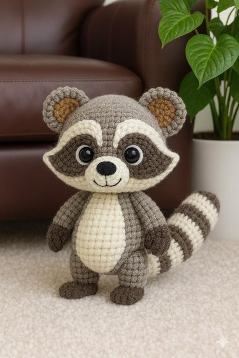 Pu&ograve; includere: Un peluche di procione fatto a mano all'uncinetto. Il procione ha un corpo grigio e bianco con una coda a strisce, dettagli marrone scuro e grandi occhi neri. Il peluche &egrave; in piedi su una superficie chiara.