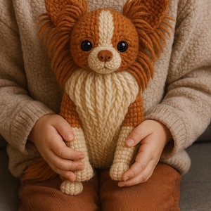 May include: A handmade crochet dog toy in shades of brown and cream. The dog has large, dark eyes and floppy ears. The toy is held in a person's hands, with the dog's body resting on their lap. The dog's measurements are approximately 10 inches long and 6 inches tall.