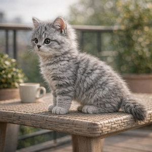 Op de afbeelding: Een pluizig, grijs katje zit op een geweven tafel. Het katje heeft een opvallend gemarmerd patroon. Een witte mok staat op de tafel. De achtergrond is wazig, wat wijst op een buitenomgeving met een balkon en groen.