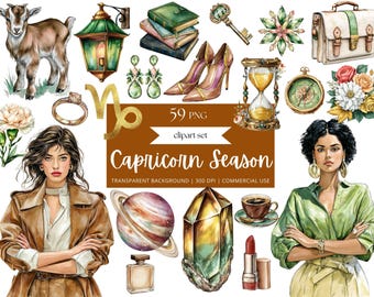 May include: Watercolor clipart set featuring a variety of illustrations, including a goat, a lantern, books, high heels, a ring, a woman, and the text "Capricorn Season". The set includes a crystal, a perfume bottle, and a cup of coffee.