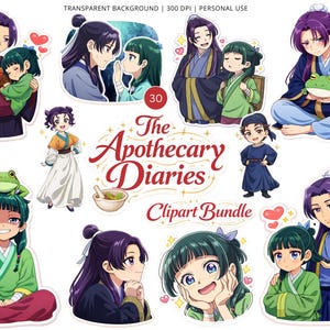 May include: A collection of anime-style stickers featuring characters from "The Apothecary Diaries." The stickers depict various scenes with characters in traditional clothing, including a person holding a frog, and a person carrying another. The text "The Apothecary Diaries Clipart Bundle" is also present.